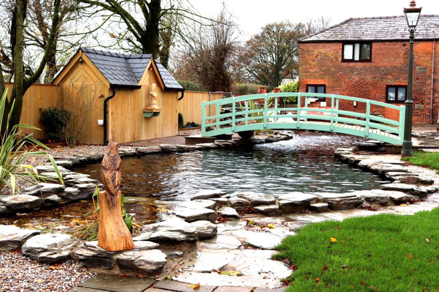 pond with bridge